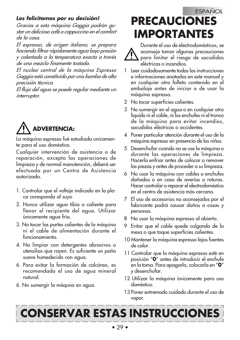 Precauciones importantes, Conservar estas instrucciones | Gaggia Machine Baby Dosata User Manual | Page 33 / 53