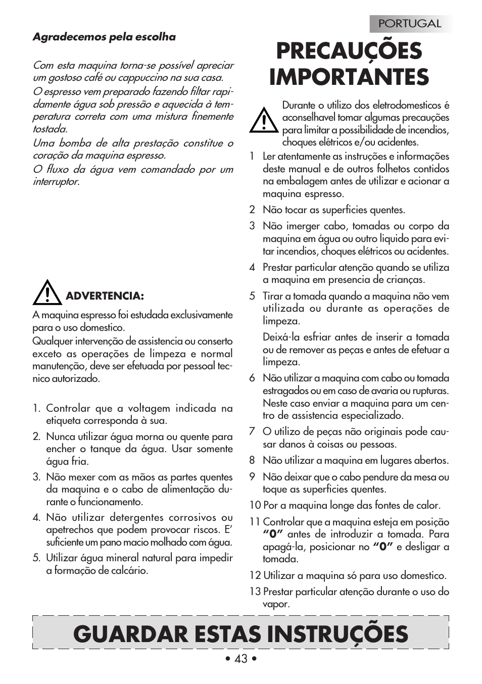 Precauções importantes, Guardar estas instruções | Gaggia Machine Baby Dosata User Manual | Page 47 / 53