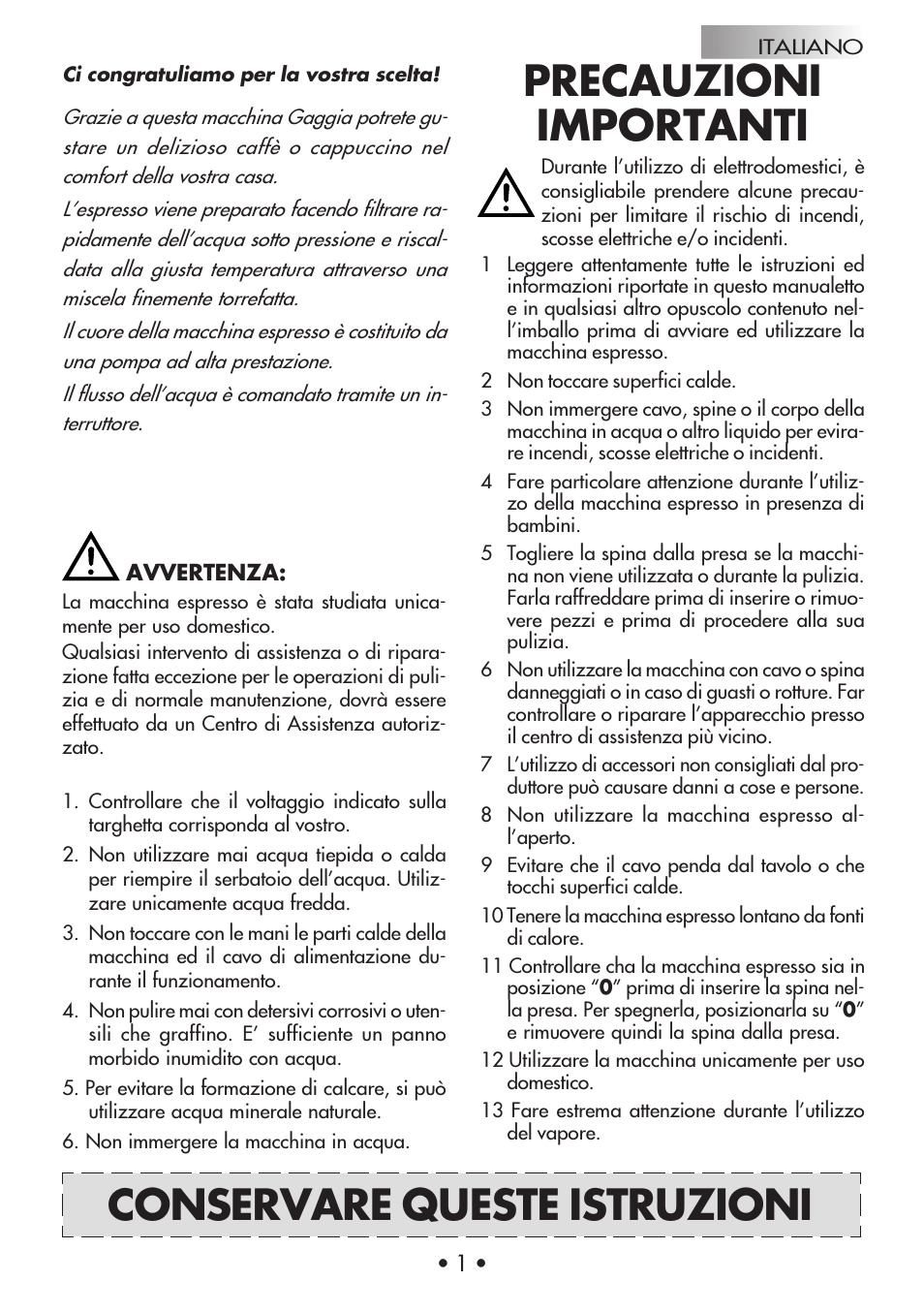 Precauzioni importanti, Conservare queste istruzioni | Gaggia Machine Baby Dosata User Manual | Page 5 / 53