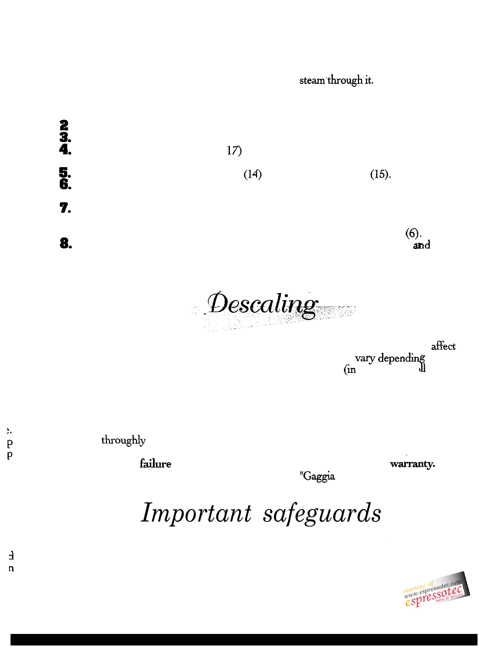Important safeguards | Gaggia Espresso/Cappuccino Maker User Manual | Page 11 / 13