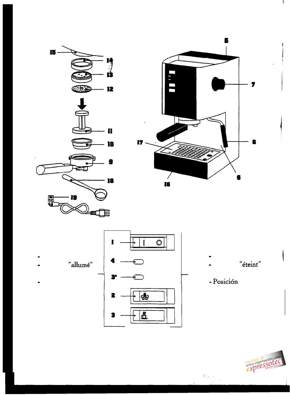 On” position position, Posicidn “on” “off’ position position “off | Gaggia Espresso/Cappuccino Maker User Manual | Page 2 / 13