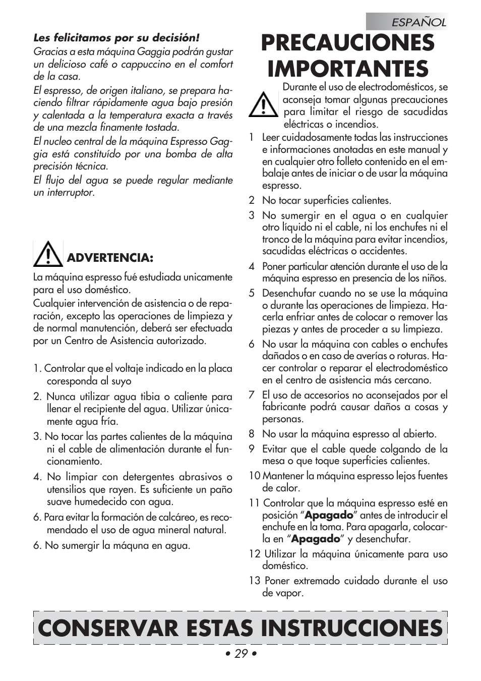 Precauciones importantes, Conservar estas instrucciones | Gaggia Baby User Manual | Page 33 / 55