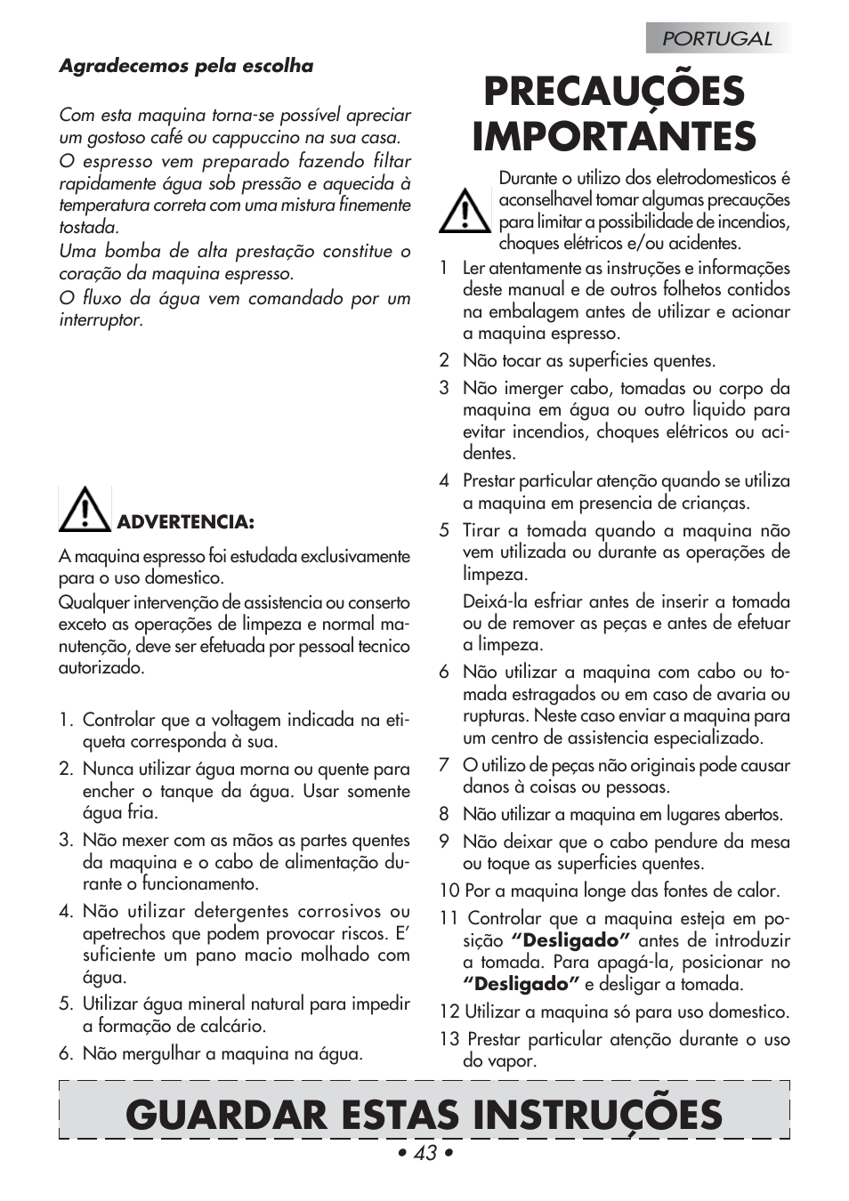 Precauções importantes, Guardar estas instruções | Gaggia Baby User Manual | Page 47 / 55