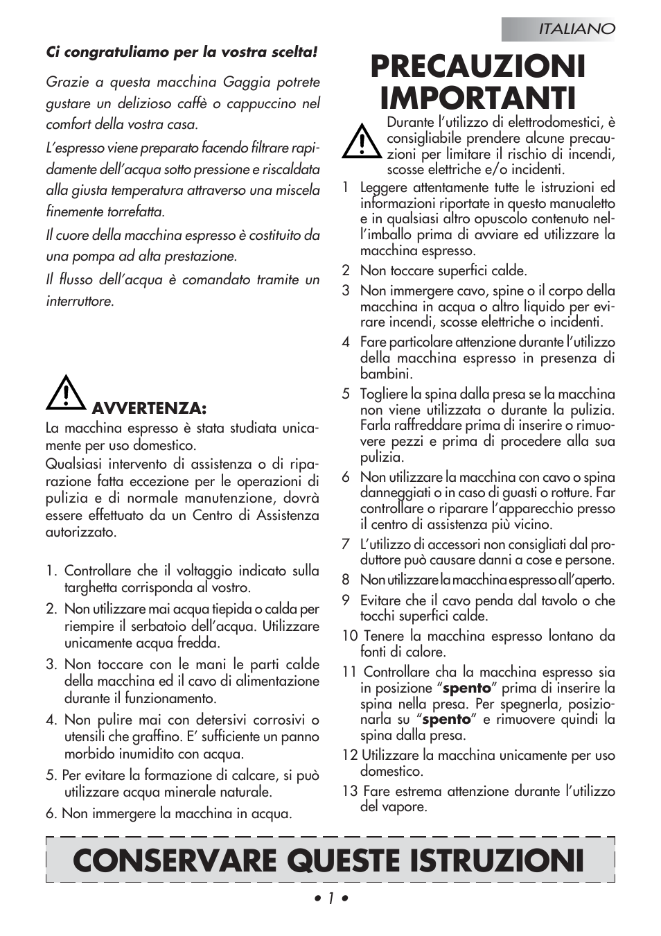 Precauzioni importanti, Conservare queste istruzioni | Gaggia Baby User Manual | Page 5 / 55