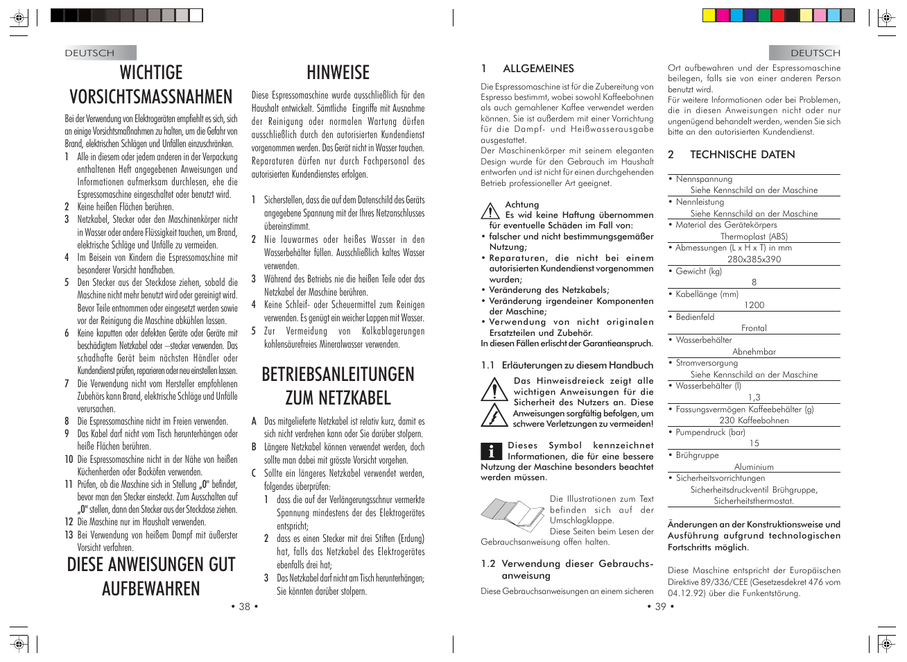 Wichtige vorsichtsmassnahmen, Diese anweisungen gut aufbewahren hinweise, Betriebsanleitungen zum netzkabel | Gaggia Syncrony Compact User Manual | Page 20 / 61