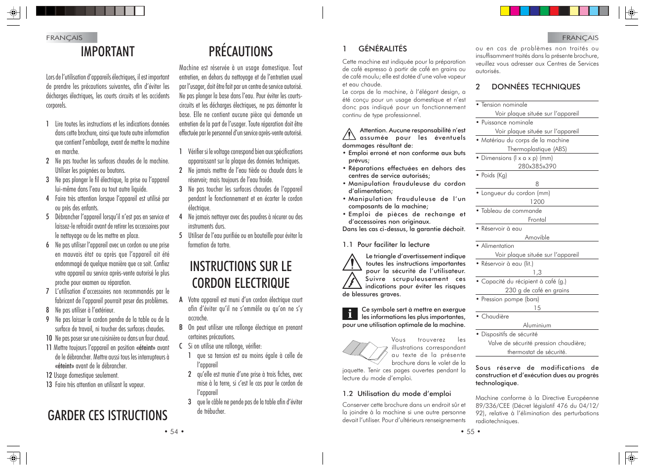 Important, Garder ces istructions précautions, Instructions sur le cordon electrique | Gaggia Syncrony Compact User Manual | Page 28 / 61