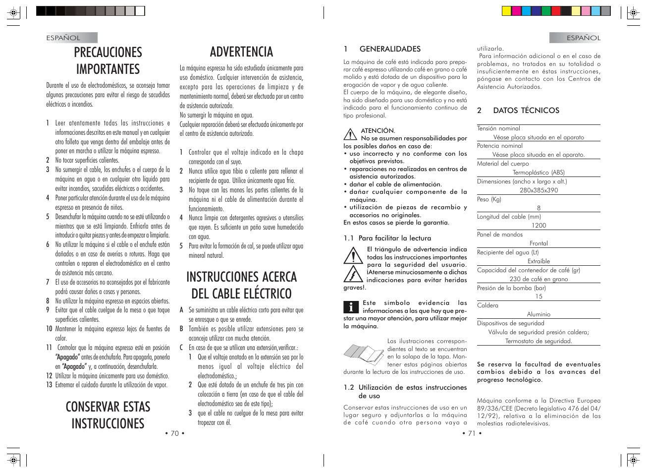 Precauciones importantes, Conservar estas instrucciones advertencia, Instrucciones acerca del cable eléctrico | Gaggia Syncrony Compact User Manual | Page 36 / 61