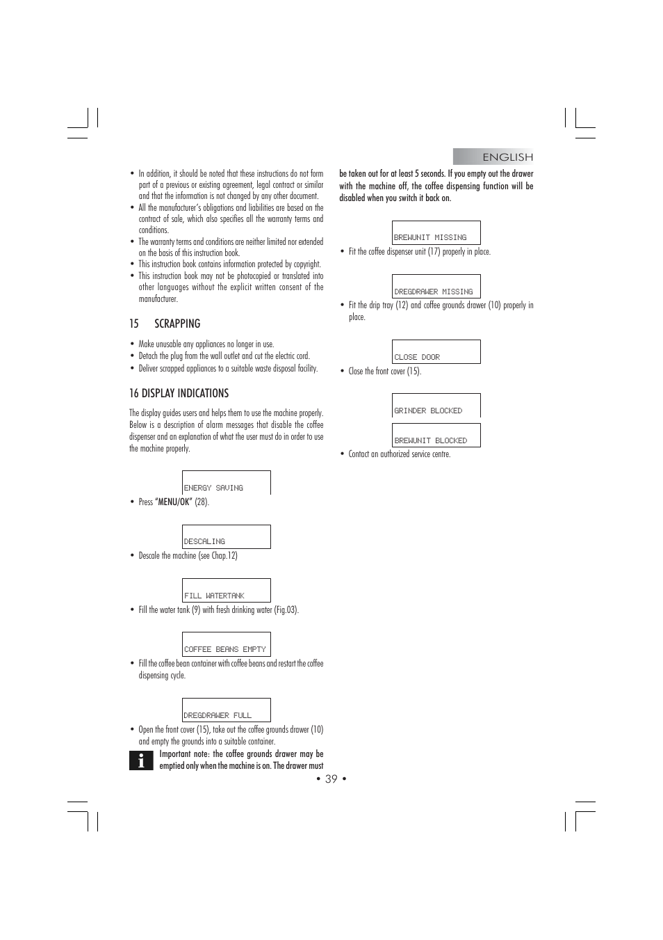 15 scrapping, 16 display indications | Gaggia TITANIUM Espresso Machine User Manual | Page 21 / 24