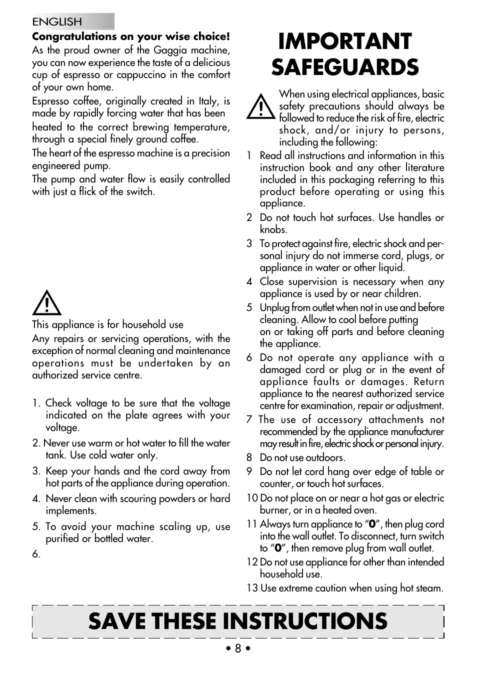 Save these instructions important safeguards | Gaggia Coffee Deluxe User Manual | Page 11 / 53