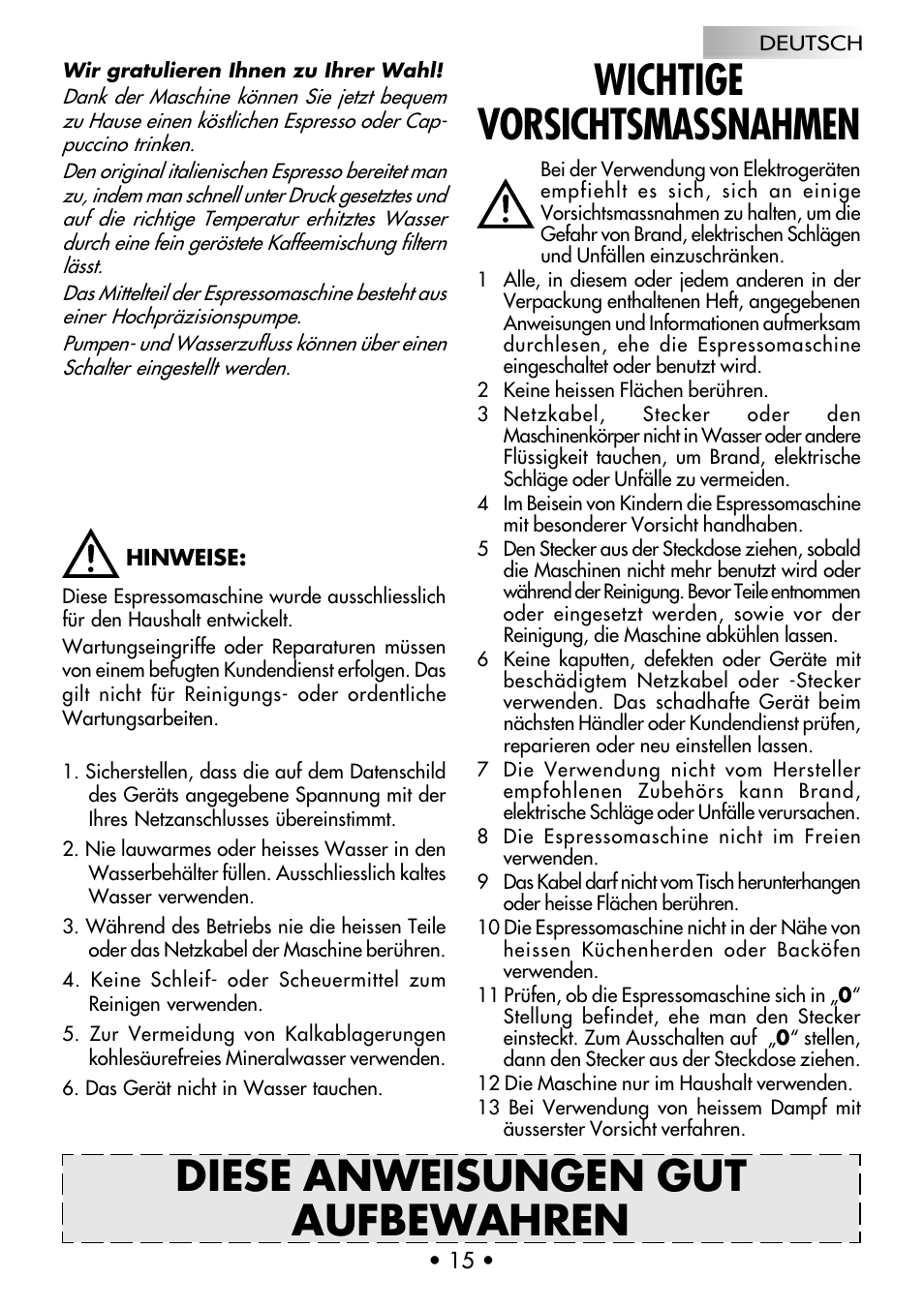 Diese anweisungen gut aufbewahren, Wichtige vorsichtsmassnahmen | Gaggia Coffee Deluxe User Manual | Page 18 / 53