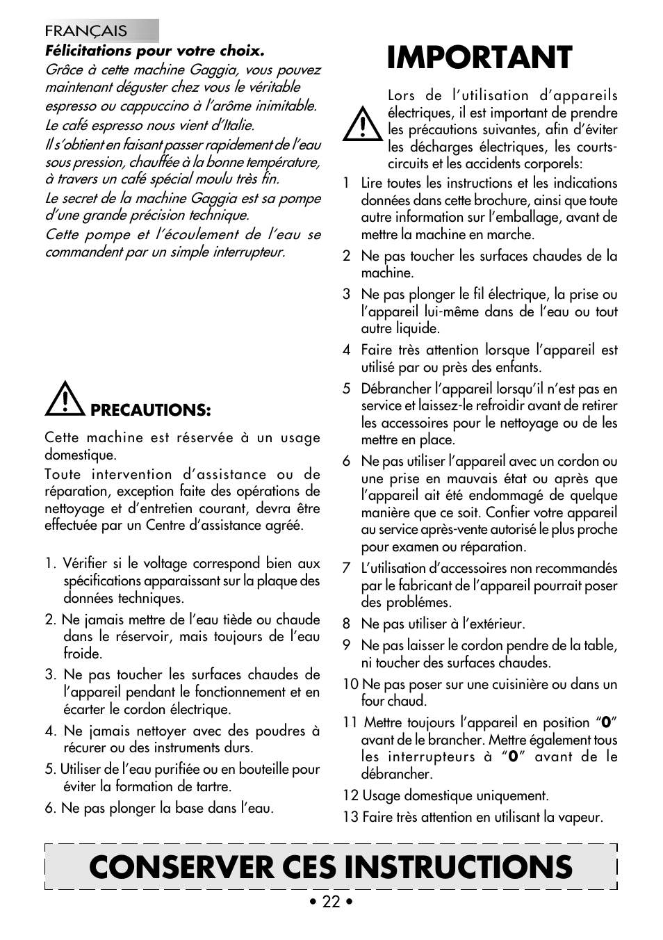 Important, Conserver ces instructions | Gaggia Coffee Deluxe User Manual | Page 25 / 53