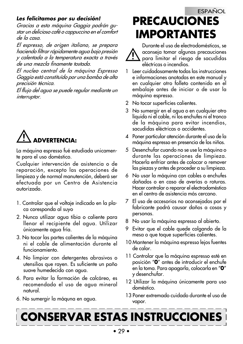 Precauciones importantes, Conservar estas instrucciones | Gaggia Coffee Deluxe User Manual | Page 32 / 53