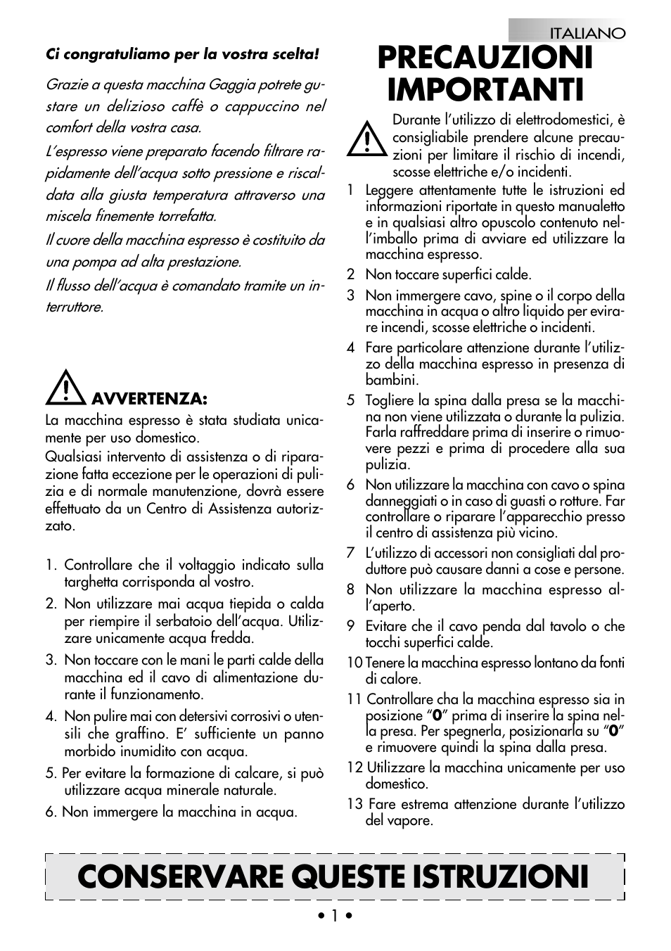 Precauzioni importanti, Conservare queste istruzioni | Gaggia Coffee Deluxe User Manual | Page 4 / 53