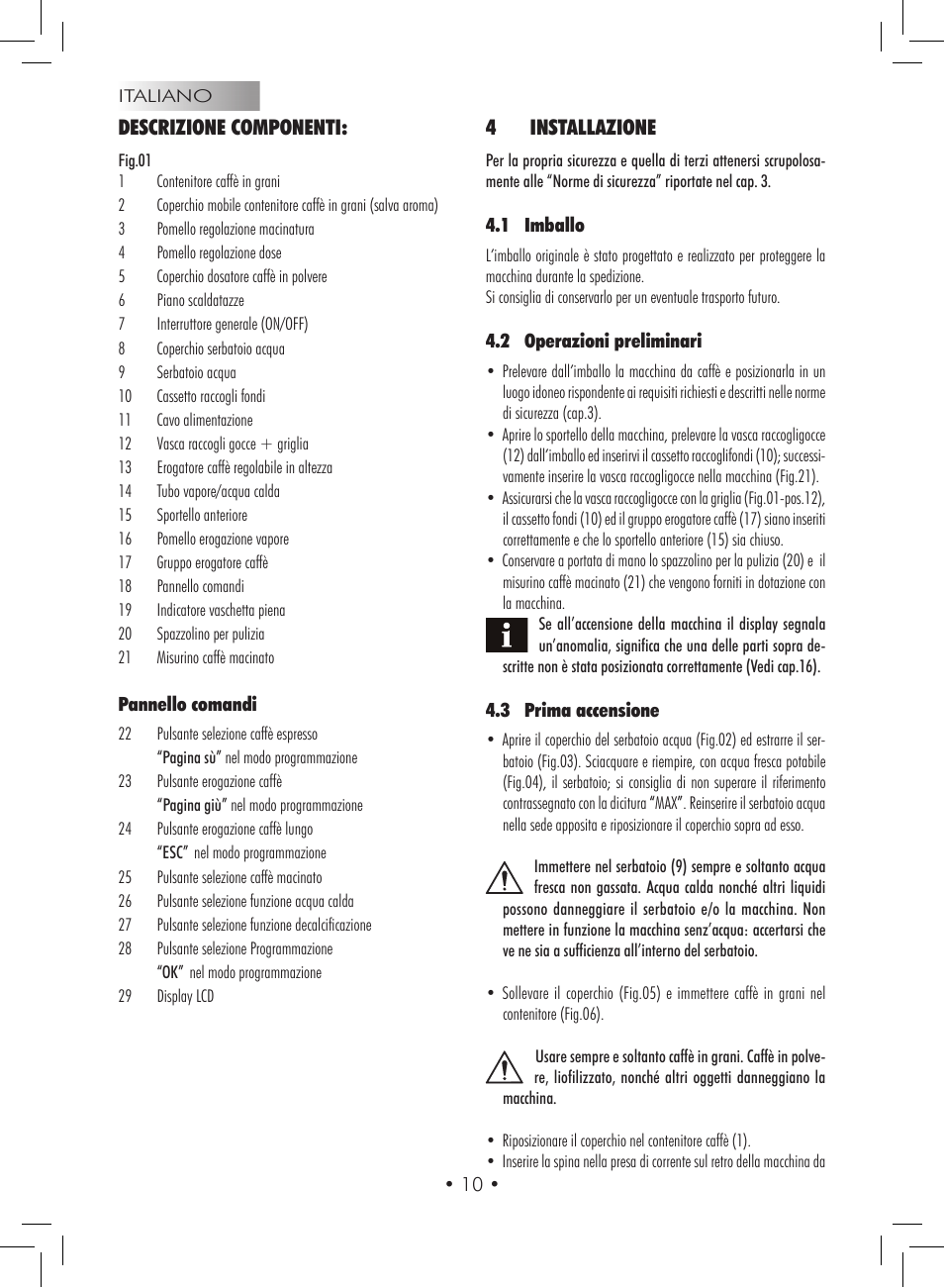 Descrizione componenti, 4installazione | Gaggia Titanium User Manual | Page 10 / 132