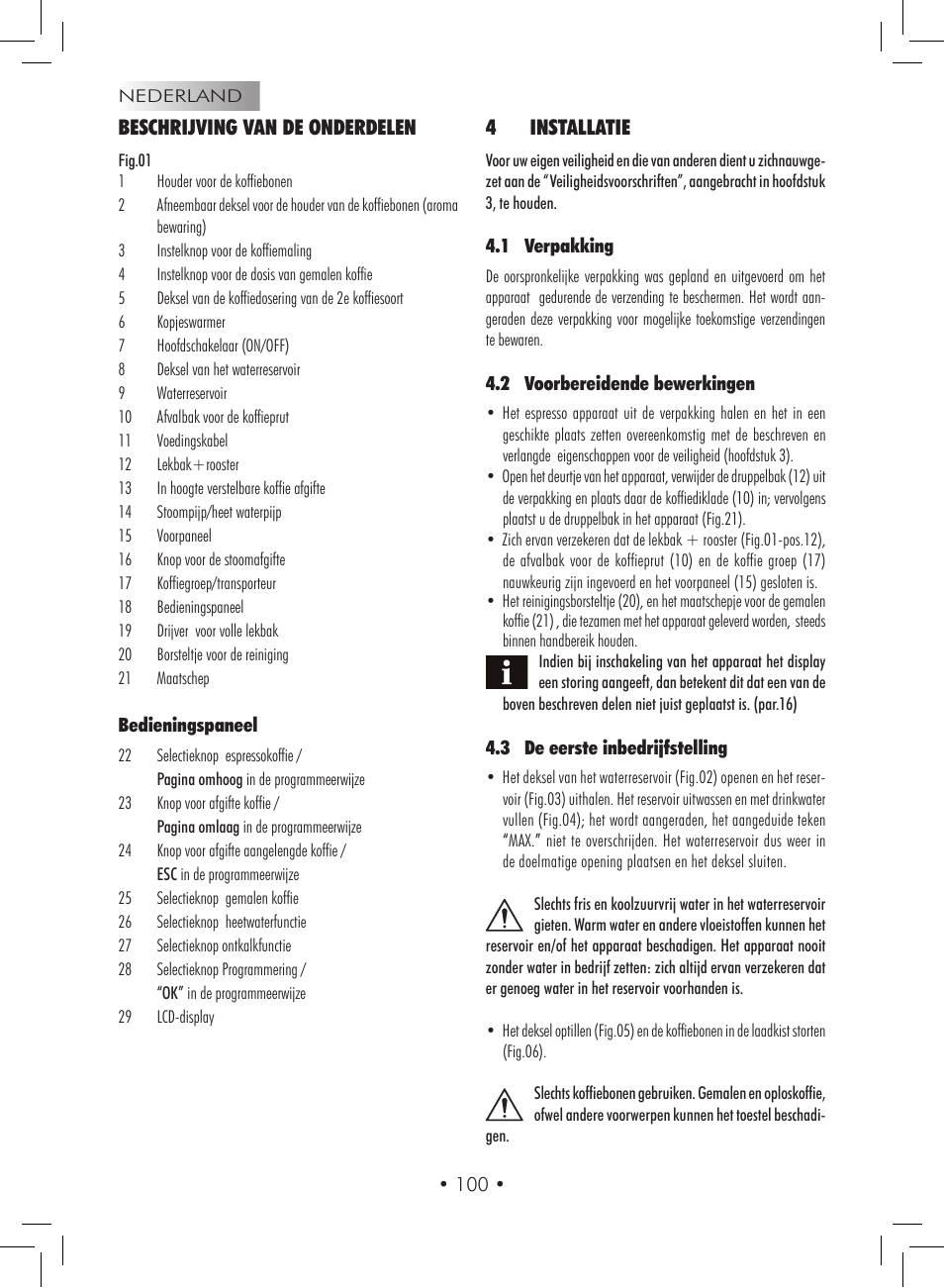 Beschrijving van de onderdelen, 4 installatie | Gaggia Titanium User Manual | Page 100 / 132