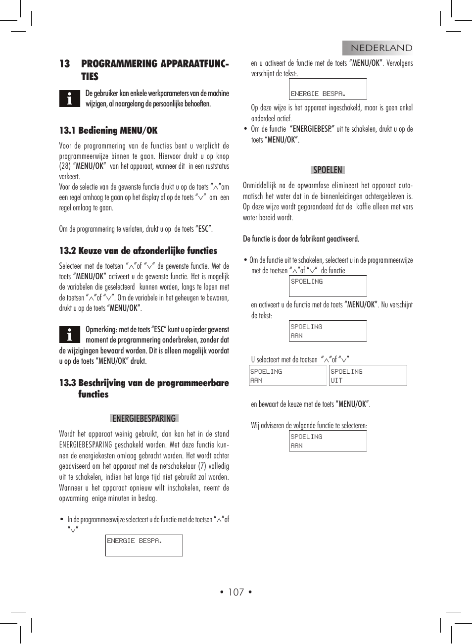 13 programmering apparaatfunc- ties | Gaggia Titanium User Manual | Page 107 / 132