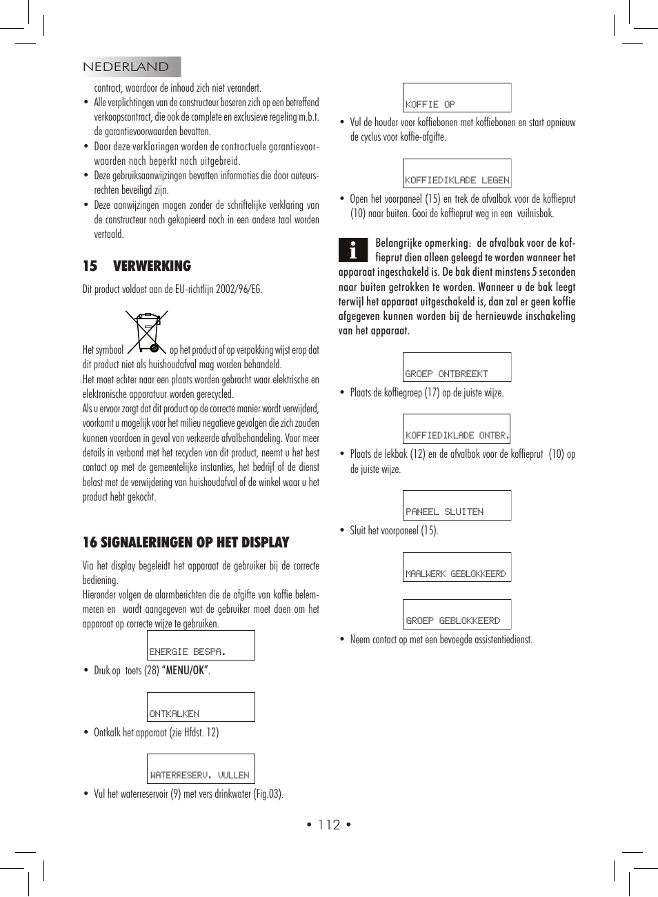 15 verwerking, 16 signaleringen op het display | Gaggia Titanium User Manual | Page 112 / 132