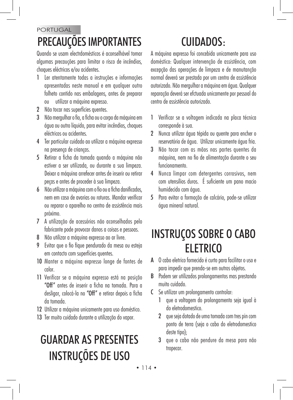 Precauções importantes, Guardar as presentes instruções de uso cuidados, Instruços sobre o cabo eletrico | Gaggia Titanium User Manual | Page 114 / 132