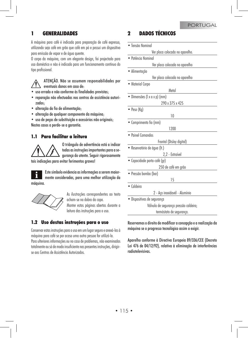 1generalidades, 2dados técnicos | Gaggia Titanium User Manual | Page 115 / 132