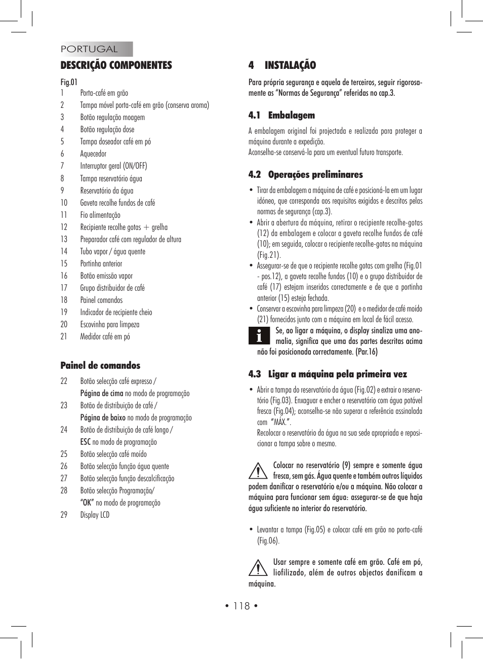 Descrição componentes, 4 instalação | Gaggia Titanium User Manual | Page 118 / 132