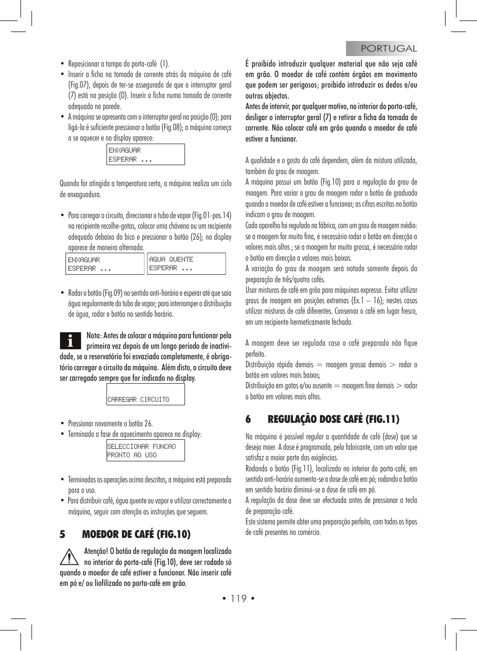 5moedor de café (fig.10), 6regulação dose café (fig.11) | Gaggia Titanium User Manual | Page 119 / 132