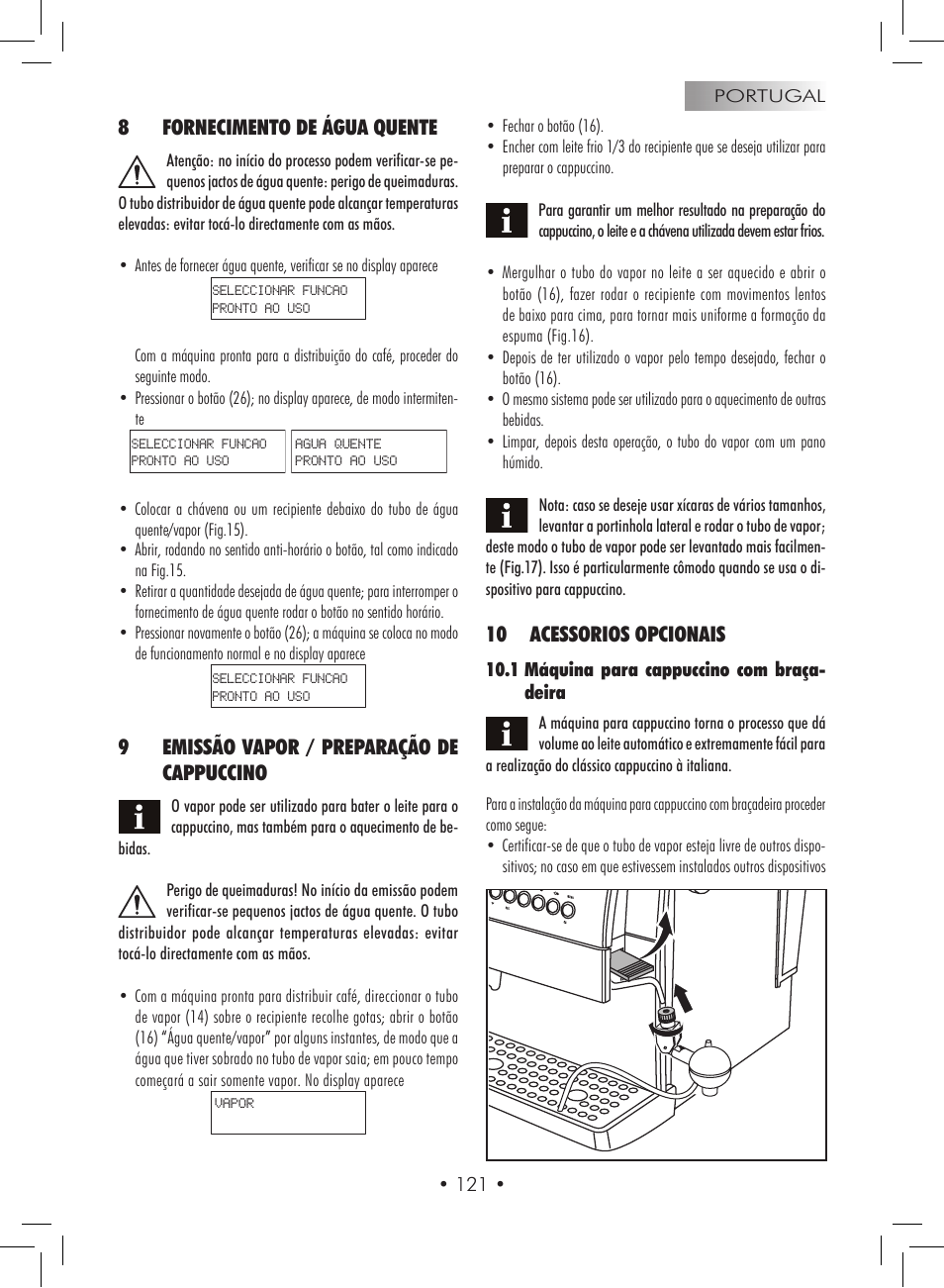 8fornecimento de água quente, 9 emissão vapor / preparação de cappuccino, 10 acessorios opcionais | Gaggia Titanium User Manual | Page 121 / 132