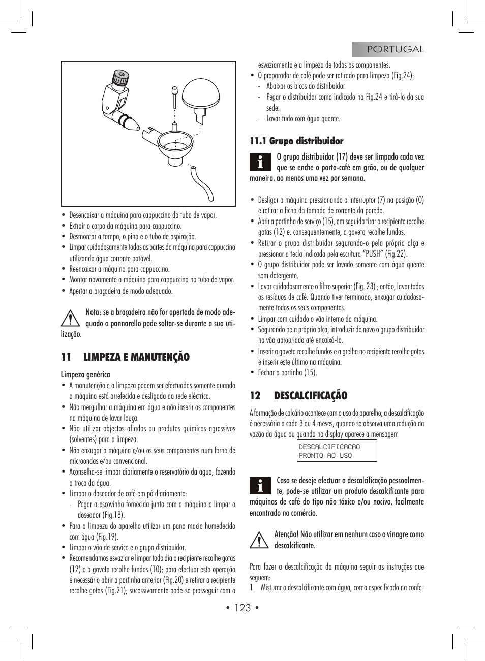 11 limpeza e manutenção, 12 descalcificação | Gaggia Titanium User Manual | Page 123 / 132