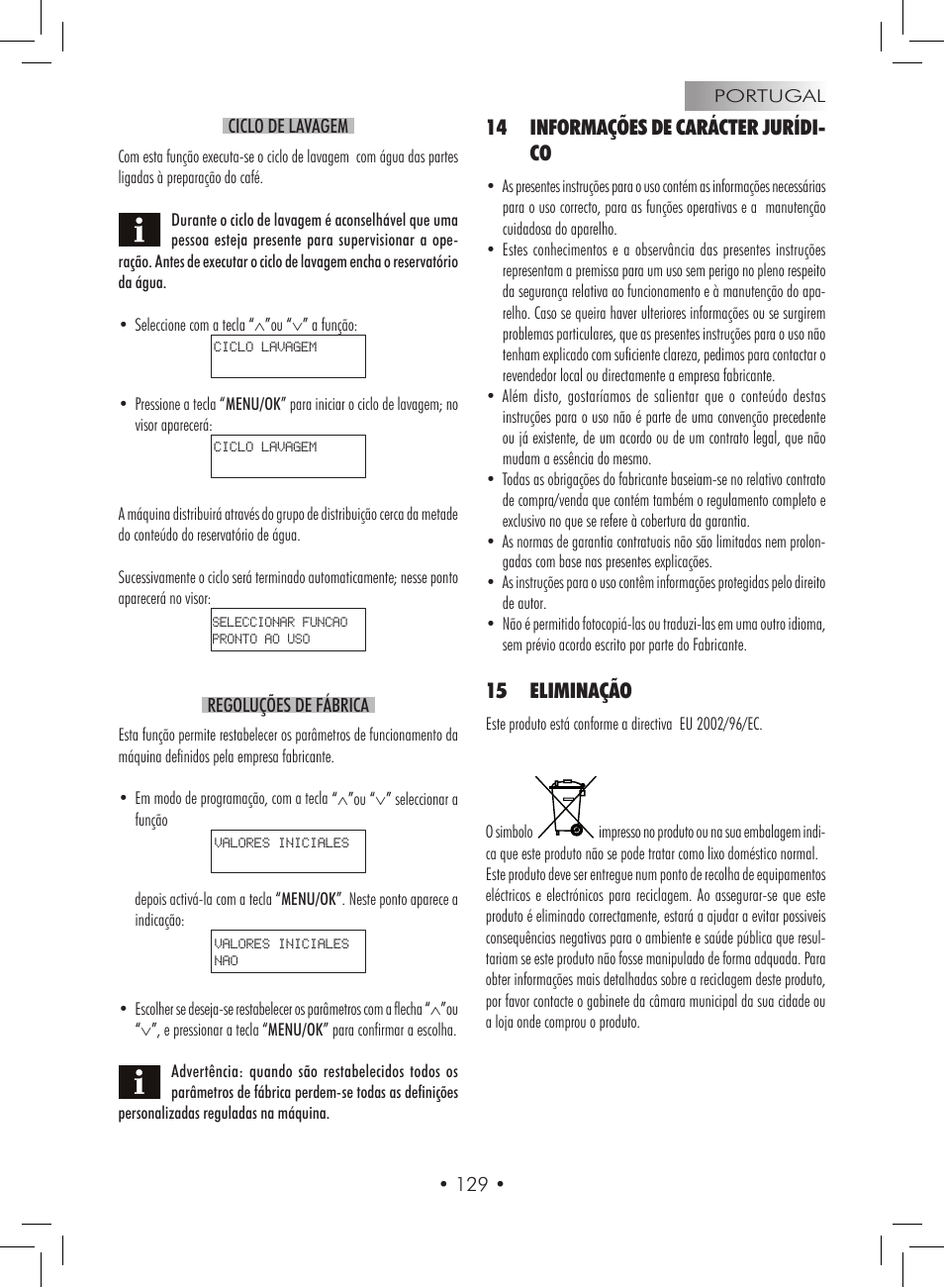 14 informações de carácter jurídi- co, 15 eliminação | Gaggia Titanium User Manual | Page 129 / 132