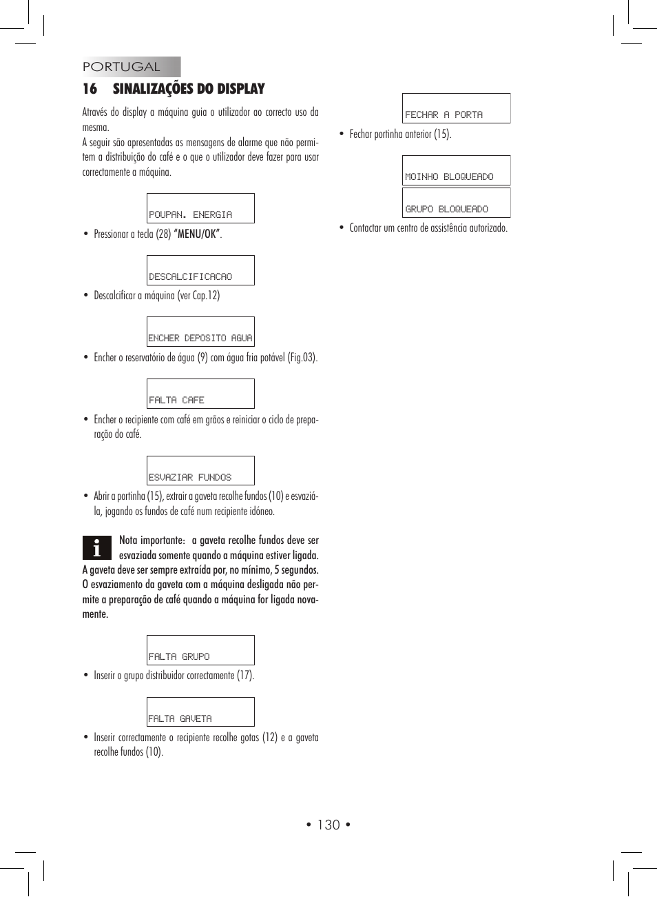 16 sinalizações do display | Gaggia Titanium User Manual | Page 130 / 132