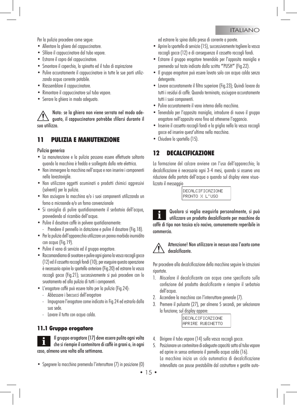 11 pulizia e manutenzione, 12 decalcificazione | Gaggia Titanium User Manual | Page 15 / 132