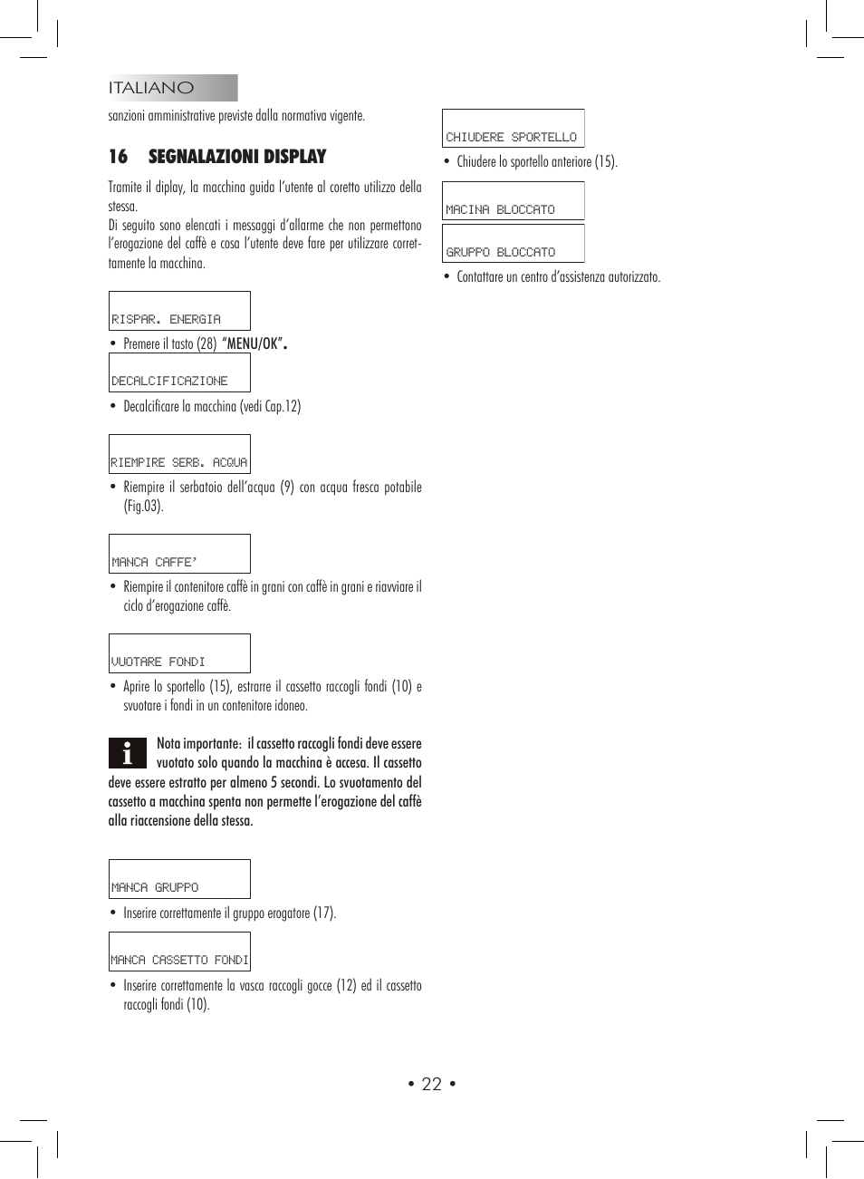 16 segnalazioni display | Gaggia Titanium User Manual | Page 22 / 132