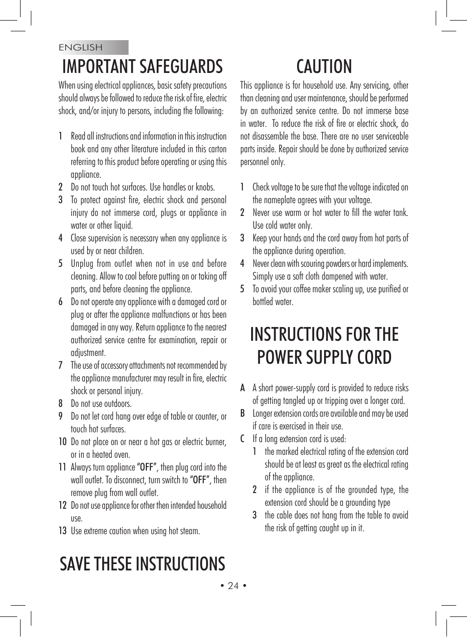 Important safeguards, Save these instructions caution, Instructions for the power supply cord | Gaggia Titanium User Manual | Page 24 / 132