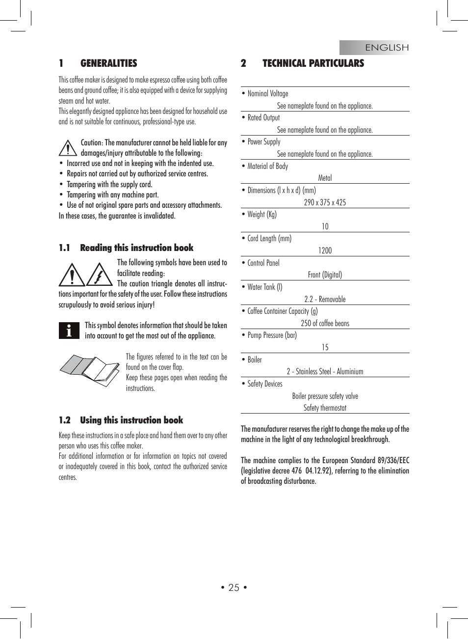 1generalities, 2technical particulars | Gaggia Titanium User Manual | Page 25 / 132