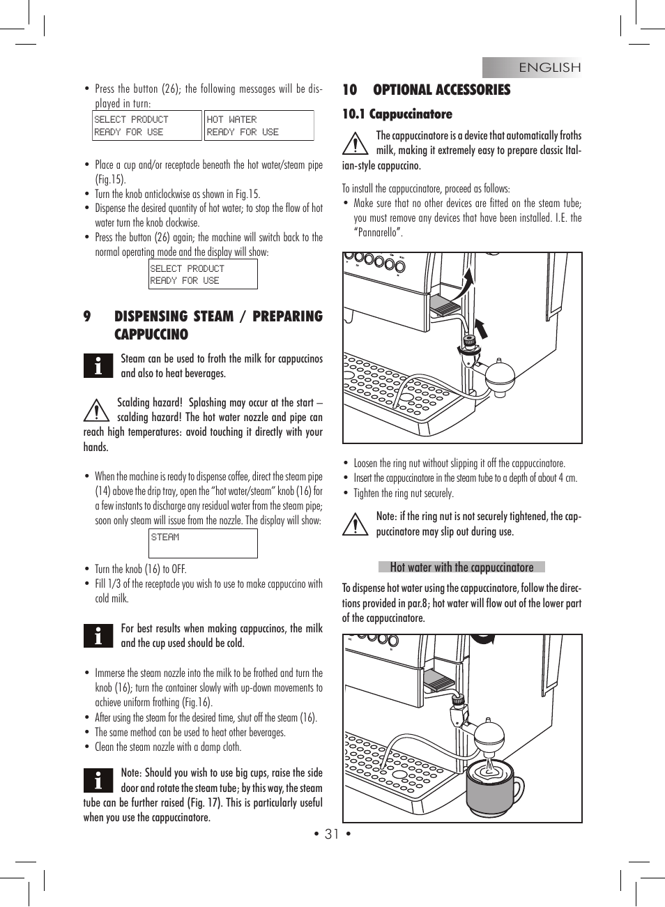 9dispensing steam / preparing cappuccino, 10 optional accessories | Gaggia Titanium User Manual | Page 31 / 132