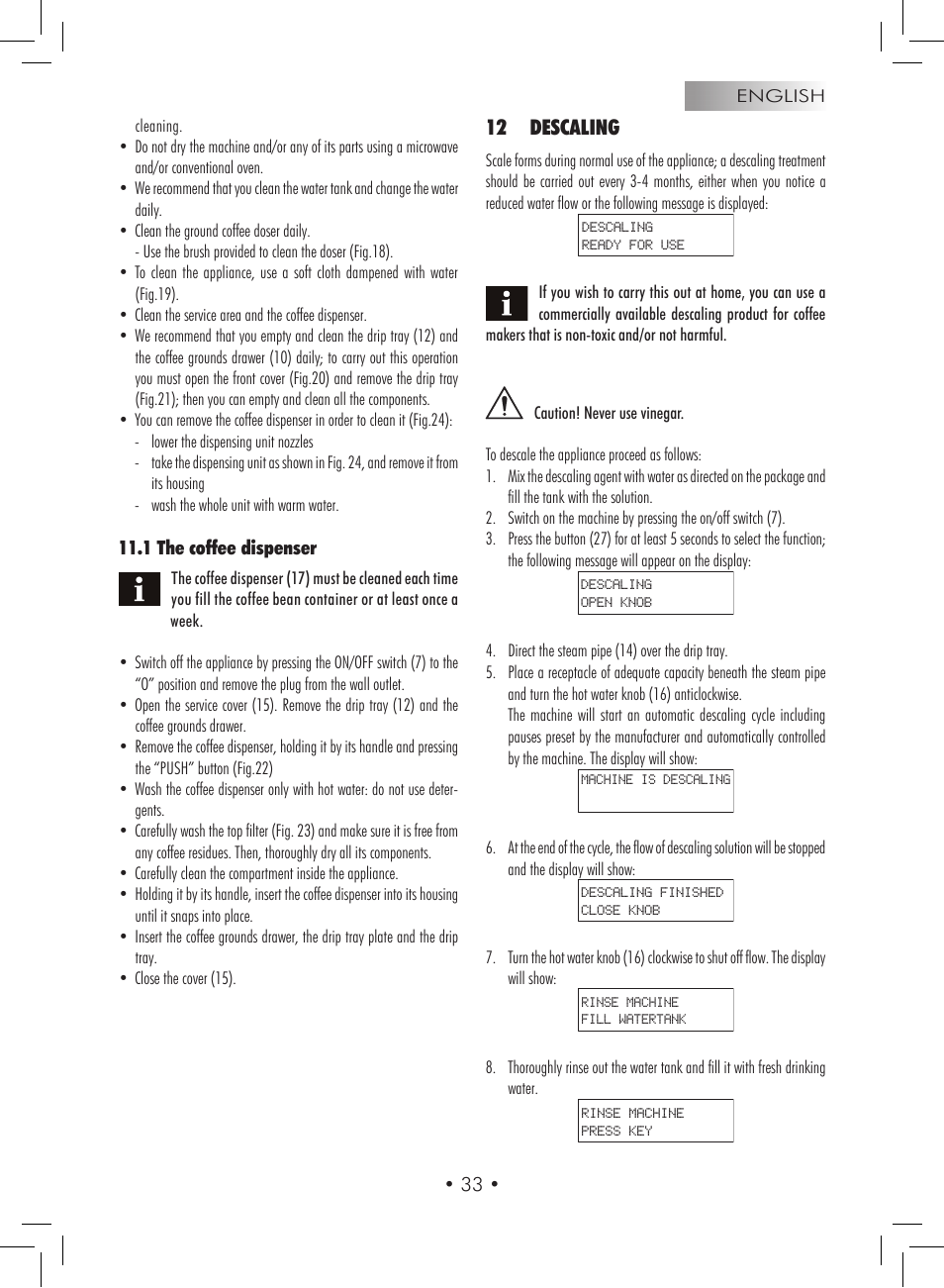 12 descaling | Gaggia Titanium User Manual | Page 33 / 132