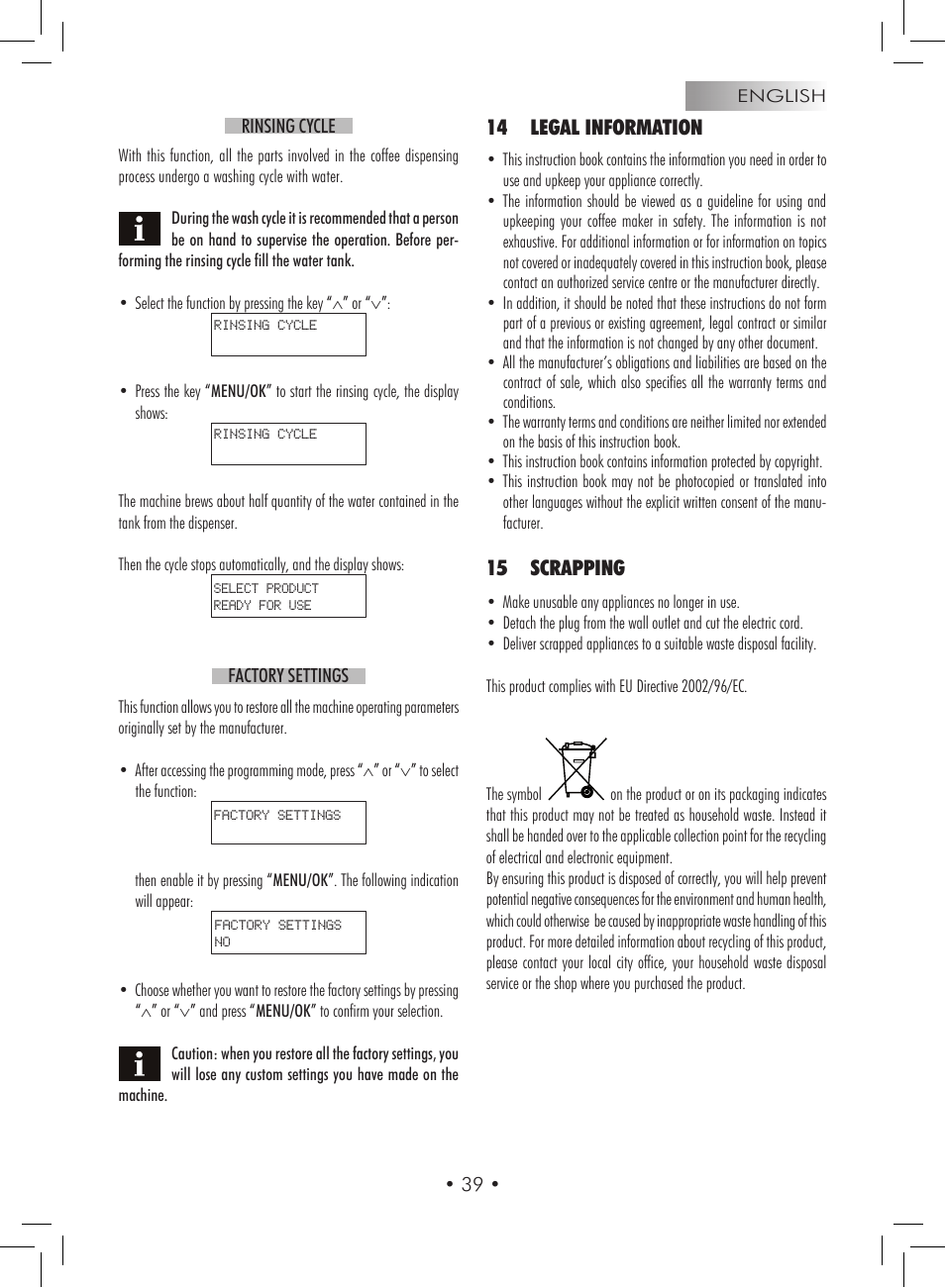 14 legal information, 15 scrapping | Gaggia Titanium User Manual | Page 39 / 132