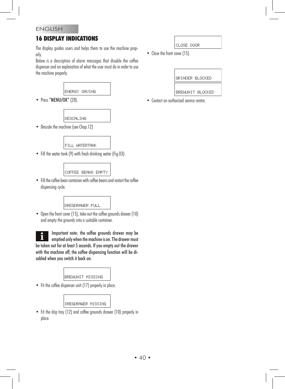 16 display indications | Gaggia Titanium User Manual | Page 40 / 132