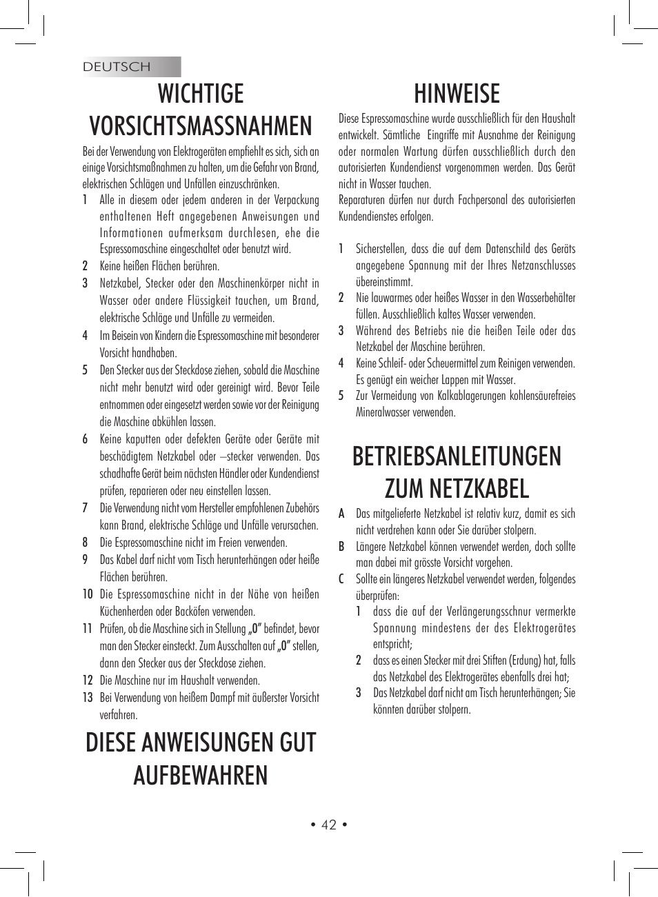 Wichtige vorsichtsmassnahmen, Diese anweisungen gut aufbewahren hinweise, Betriebsanleitungen zum netzkabel | Gaggia Titanium User Manual | Page 42 / 132