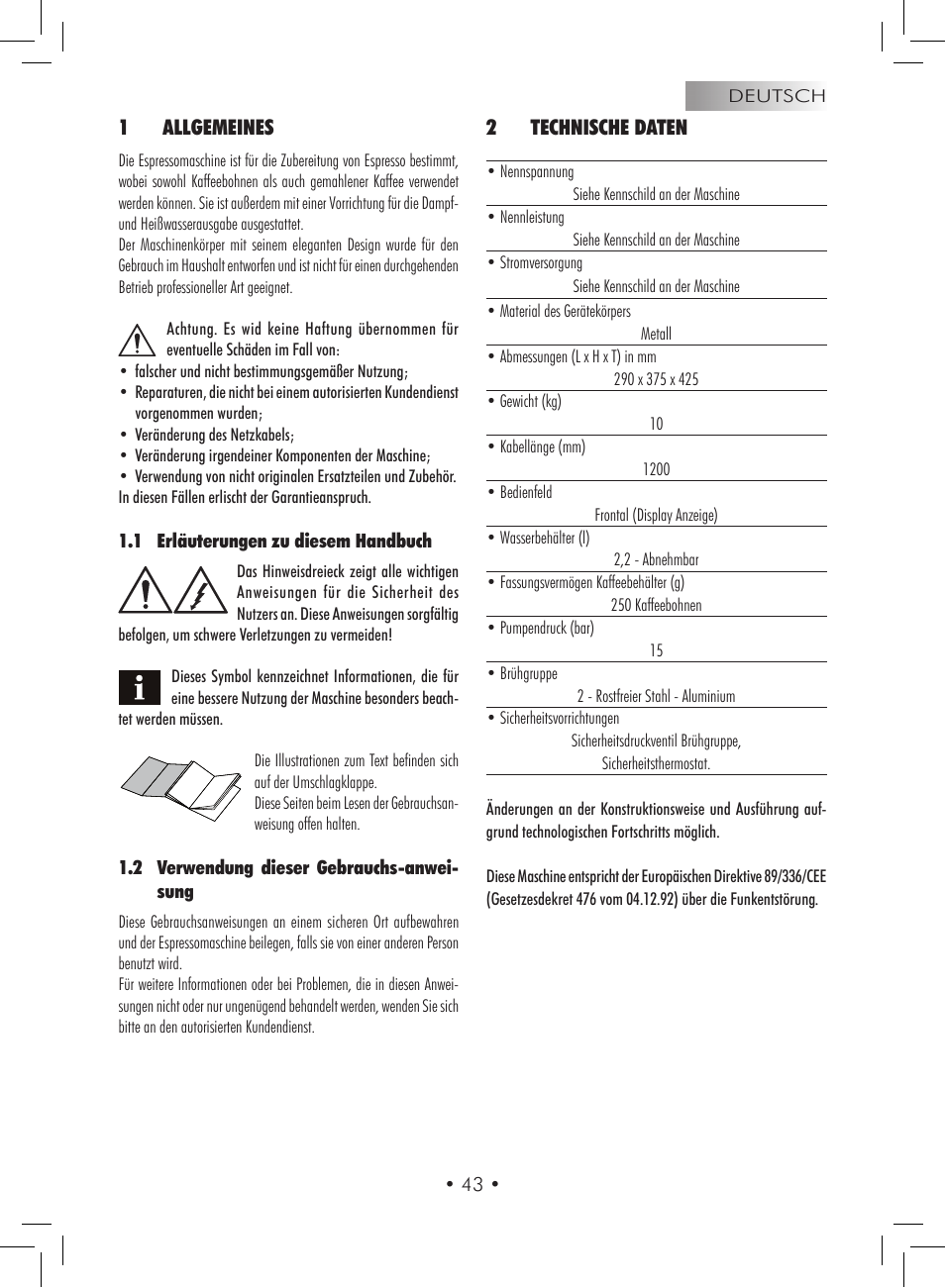 1allgemeines, 2technische daten | Gaggia Titanium User Manual | Page 43 / 132