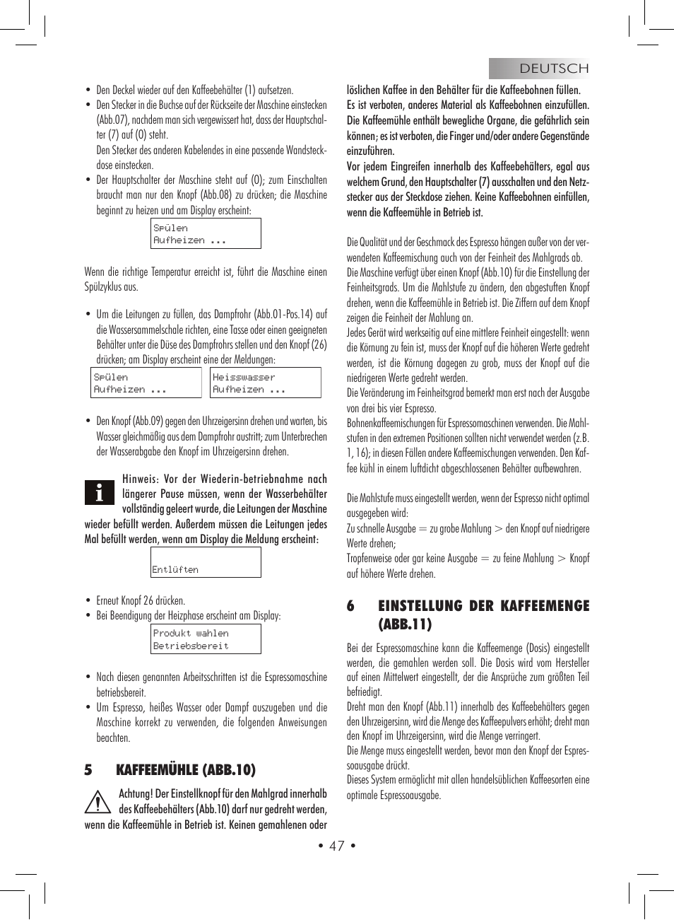 5kaffeemühle (abb.10), 6einstellung der kaffeemenge (abb.11) | Gaggia Titanium User Manual | Page 47 / 132