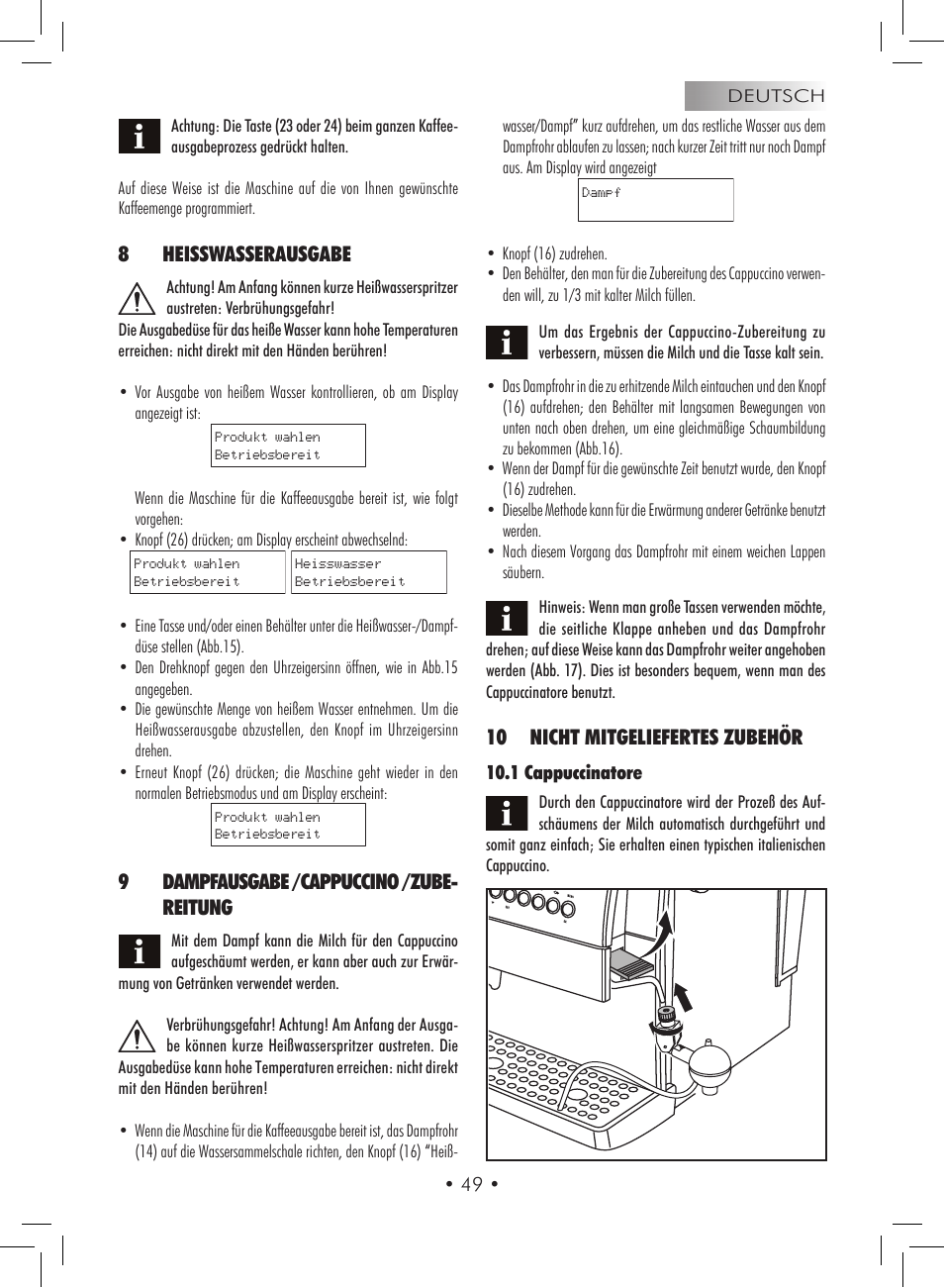 8heisswasserausgabe, 9dampfausgabe /cappuccino /zube- reitung, 10 nicht mitgeliefertes zubehör | Gaggia Titanium User Manual | Page 49 / 132