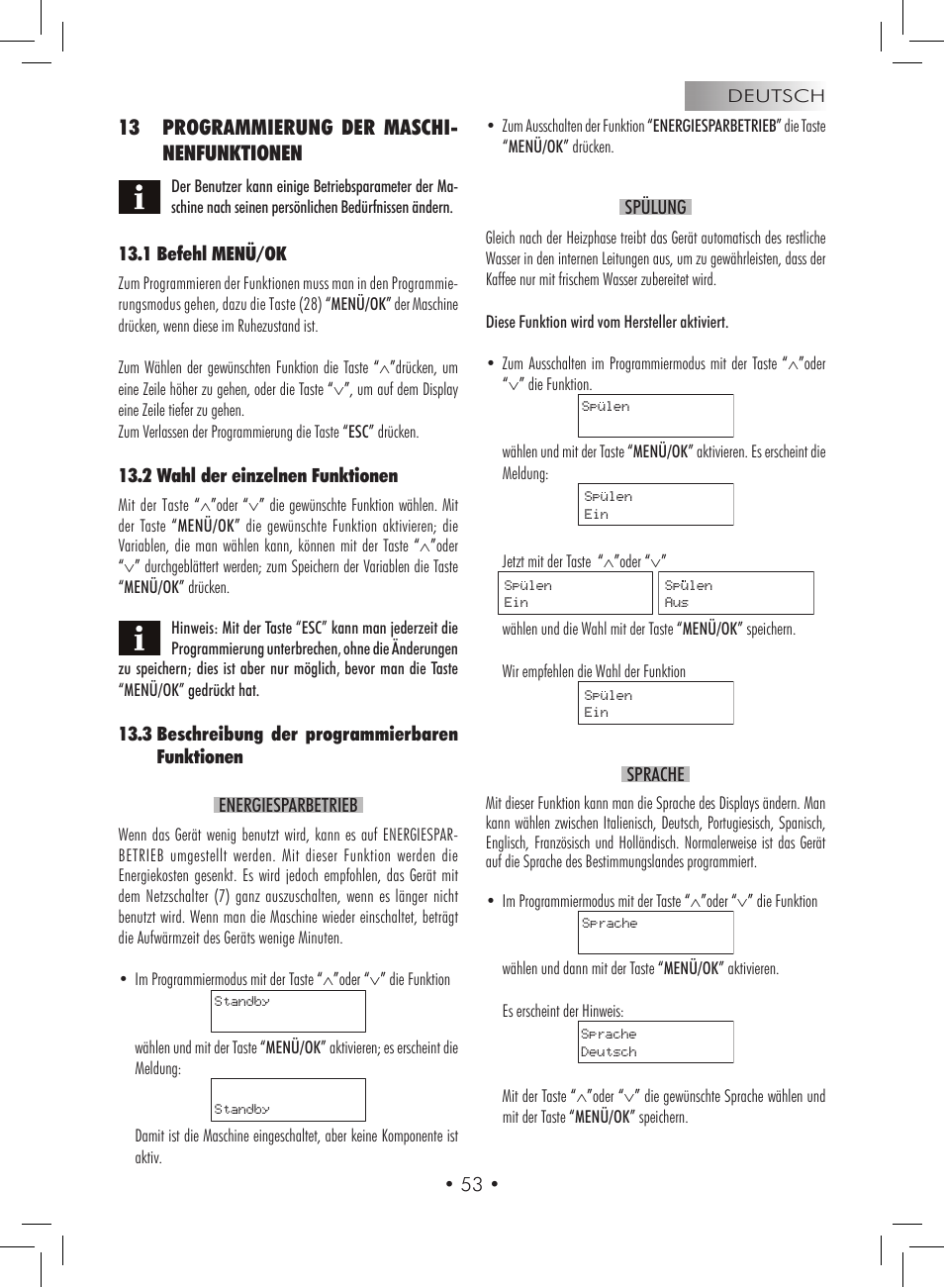 13 programmierung der maschi- nenfunktionen | Gaggia Titanium User Manual | Page 53 / 132