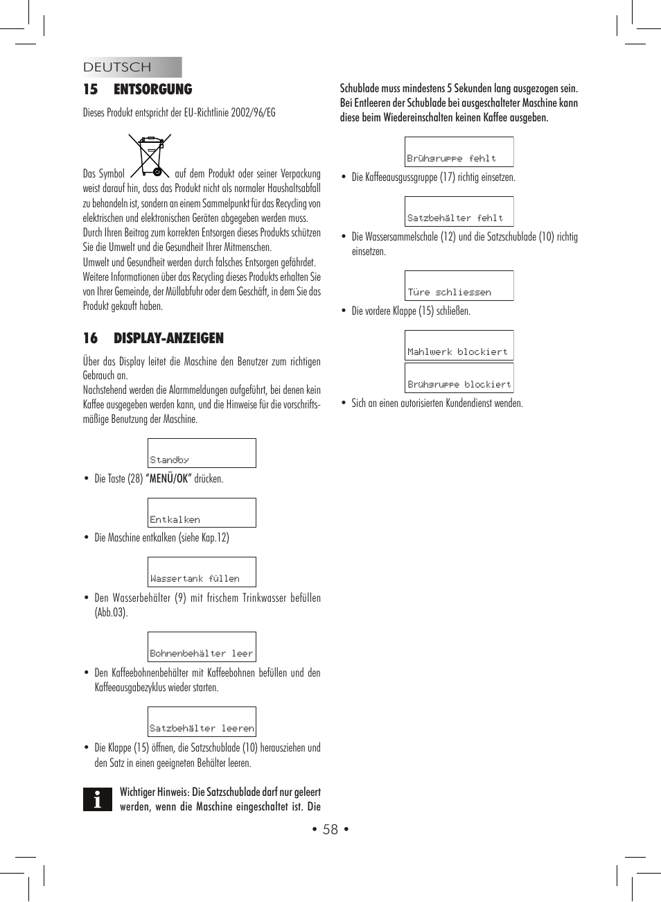 15 entsorgung, 16 display-anzeigen | Gaggia Titanium User Manual | Page 58 / 132