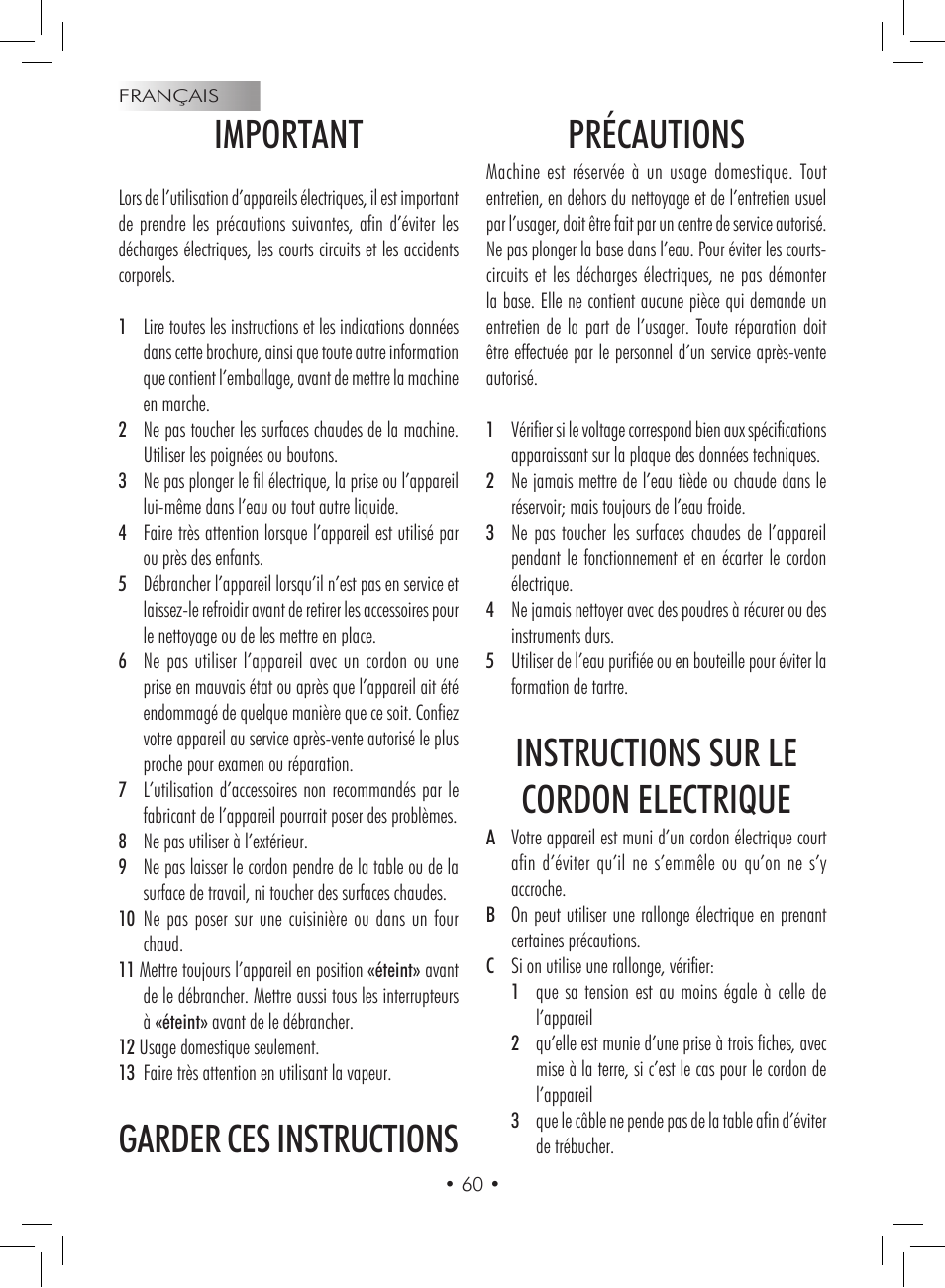 Important, Garder ces instructions précautions, Instructions sur le cordon electrique | Gaggia Titanium User Manual | Page 60 / 132