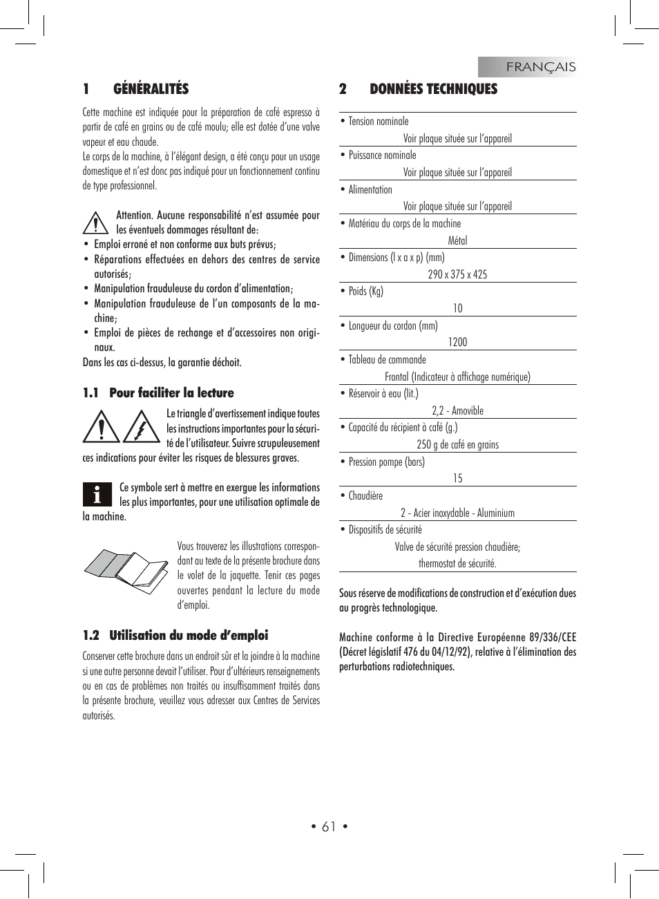 1généralités, 2données techniques | Gaggia Titanium User Manual | Page 61 / 132