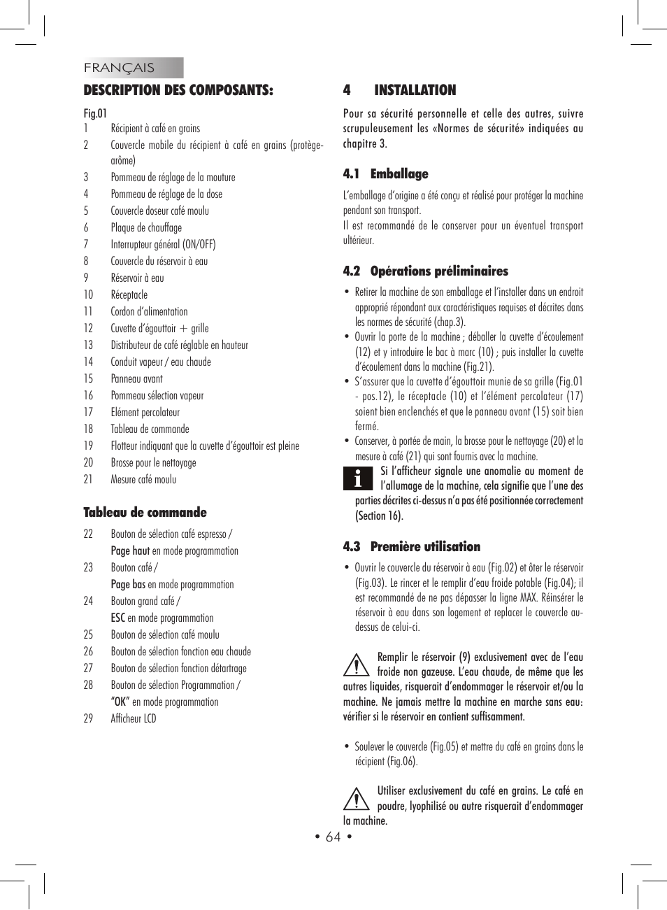 Description des composants, 4installation | Gaggia Titanium User Manual | Page 64 / 132