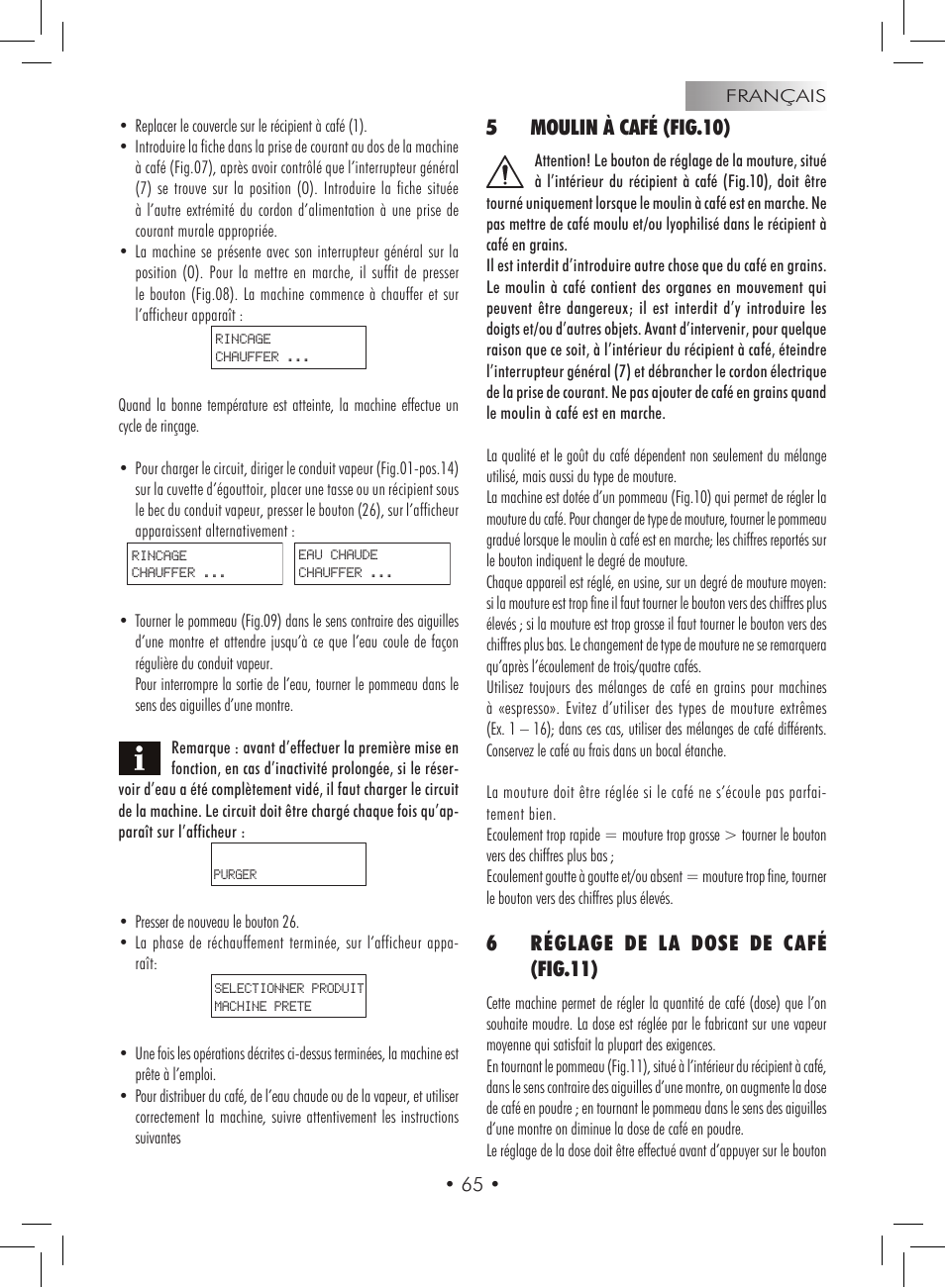 5moulin à café (fig.10), 6 réglage de la dose de café (fig.11) | Gaggia Titanium User Manual | Page 65 / 132