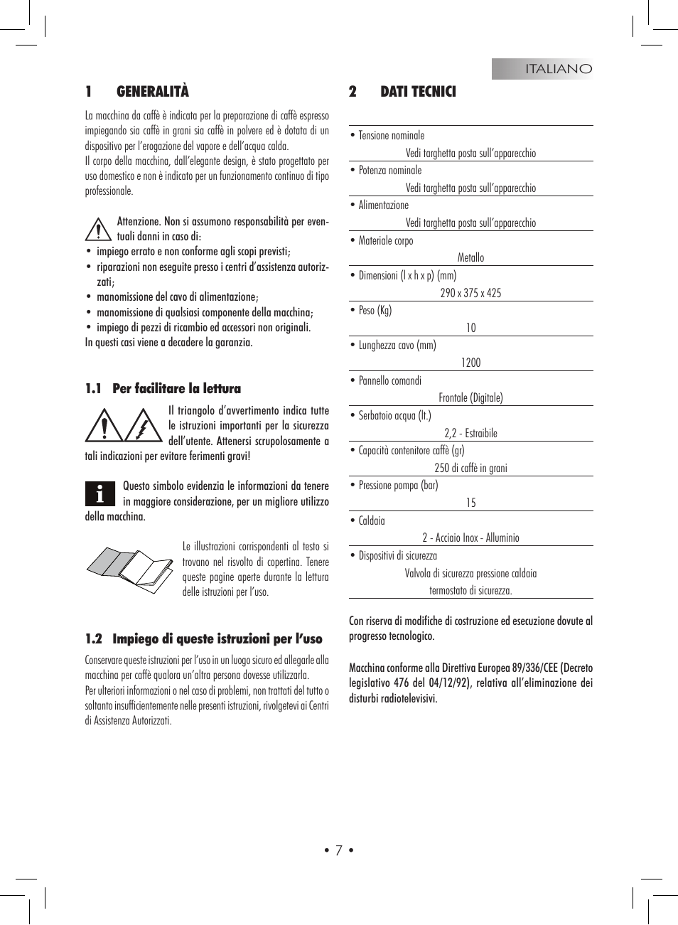 1generalità, 2dati tecnici | Gaggia Titanium User Manual | Page 7 / 132