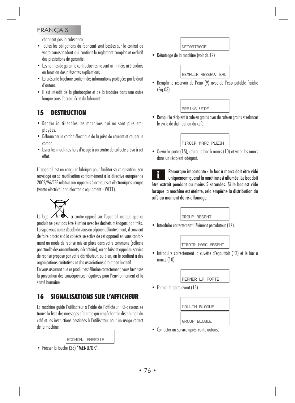 15 destruction, 16 signalisations sur l’afficheur | Gaggia Titanium User Manual | Page 76 / 132