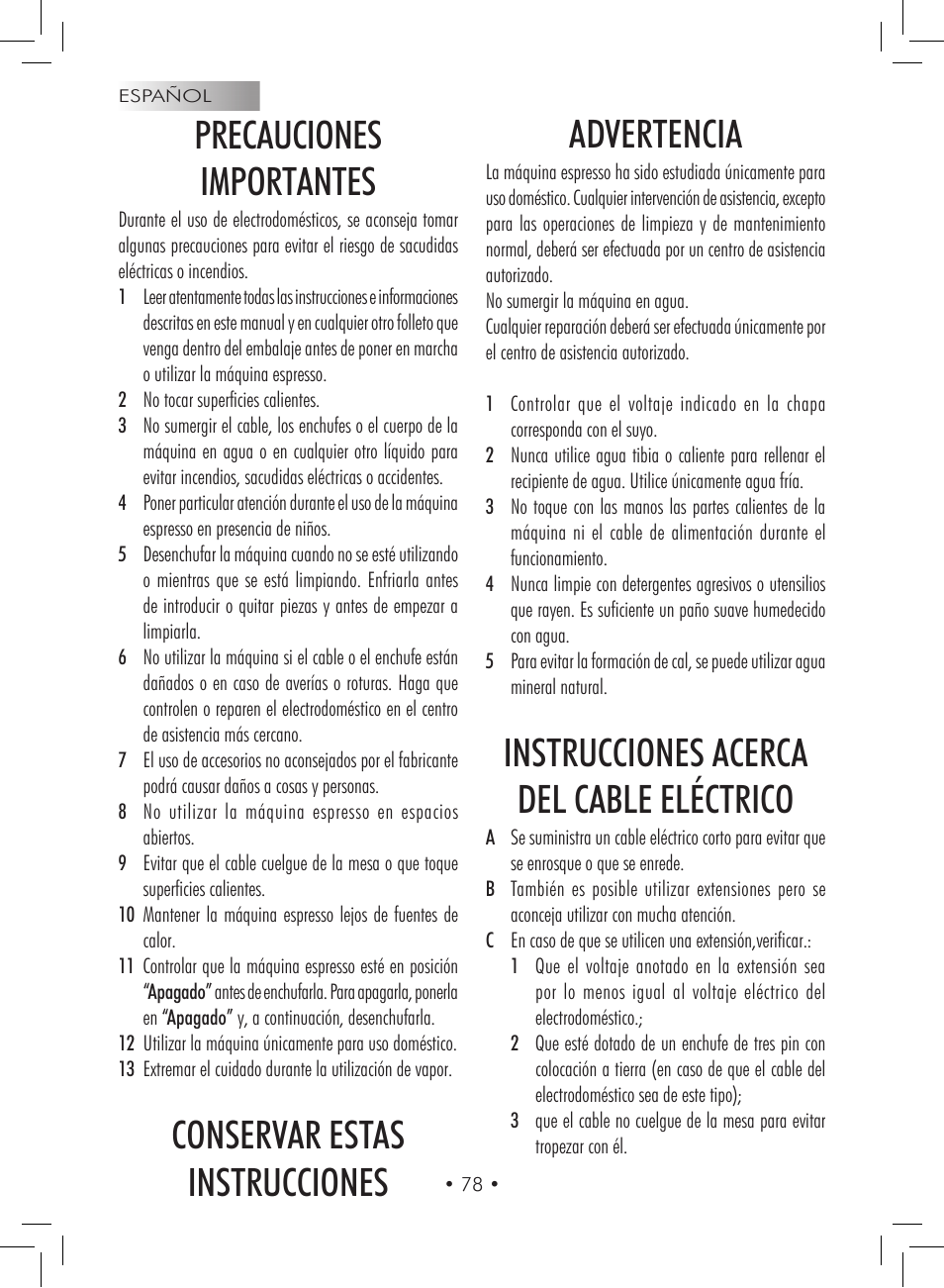 Precauciones importantes, Conservar estas instrucciones advertencia, Instrucciones acerca del cable eléctrico | Gaggia Titanium User Manual | Page 78 / 132